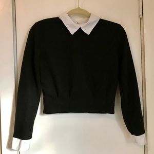 Cropped Black Knit Sweater with Collar Detail